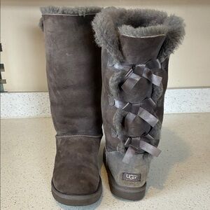 UGG Women's Brown Shearling Boots with Ribbon Detail